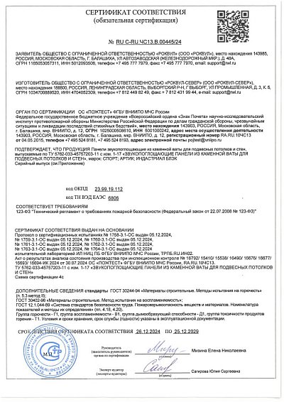 Сертификат соответствия требованиям пожарной безопасности (Рокфон Артик, Индастриал Блэк)
